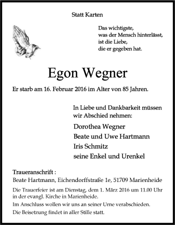 Anzeige von Egon Wegner von Kölner Stadt-Anzeiger / Kölnische Rundschau / Express