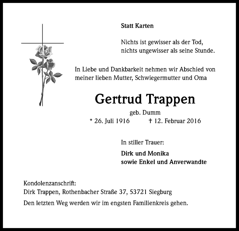  Traueranzeige für Gertrud Trappen vom 17.02.2016 aus Kölner Stadt-Anzeiger / Kölnische Rundschau / Express