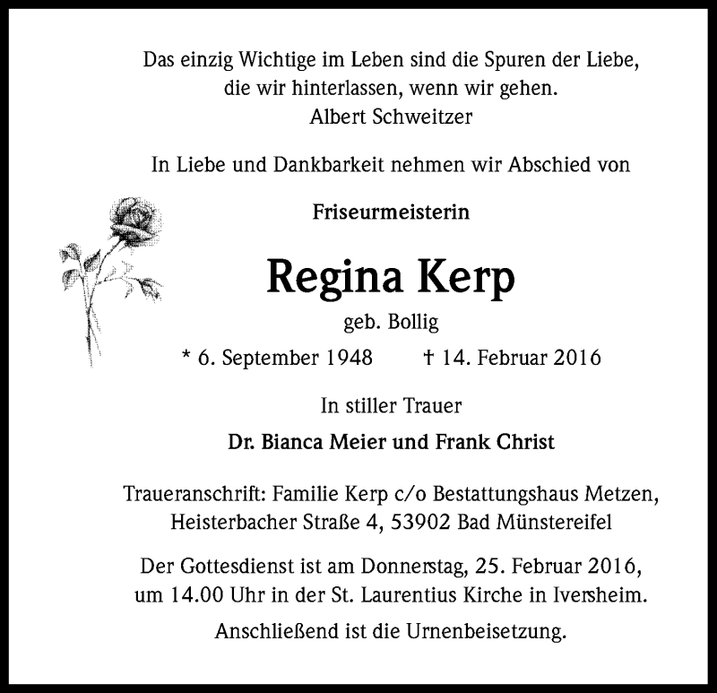  Traueranzeige für Regina Kerp vom 20.02.2016 aus Kölner Stadt-Anzeiger / Kölnische Rundschau / Express