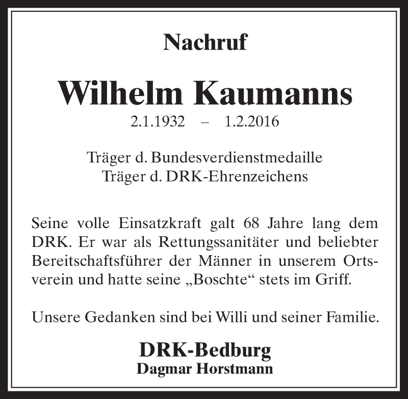  Traueranzeige für Wilhelm Kaumanns vom 17.02.2016 aus  Werbepost 