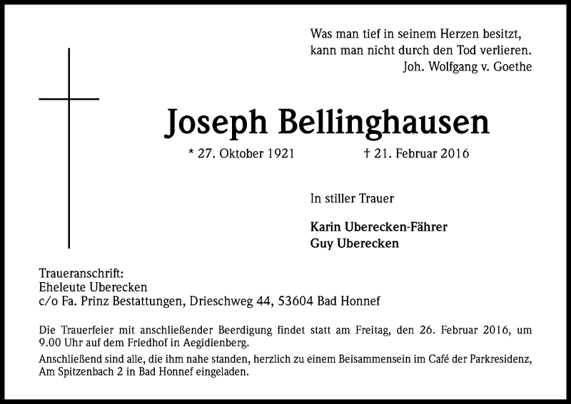  Traueranzeige für Joseph Bellinghausen vom 24.02.2016 aus Kölner Stadt-Anzeiger / Kölnische Rundschau / Express