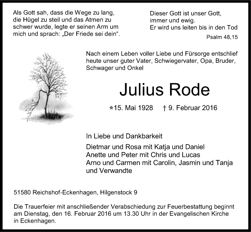  Traueranzeige für Julius Rode vom 12.02.2016 aus Kölner Stadt-Anzeiger / Kölnische Rundschau / Express