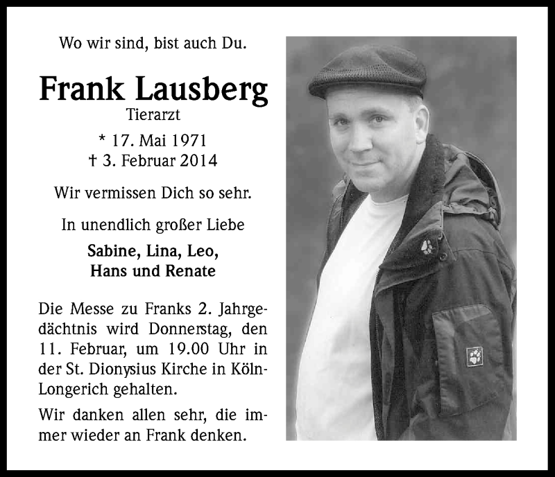  Traueranzeige für Frank Lausberg vom 03.02.2016 aus Kölner Stadt-Anzeiger / Kölnische Rundschau / Express