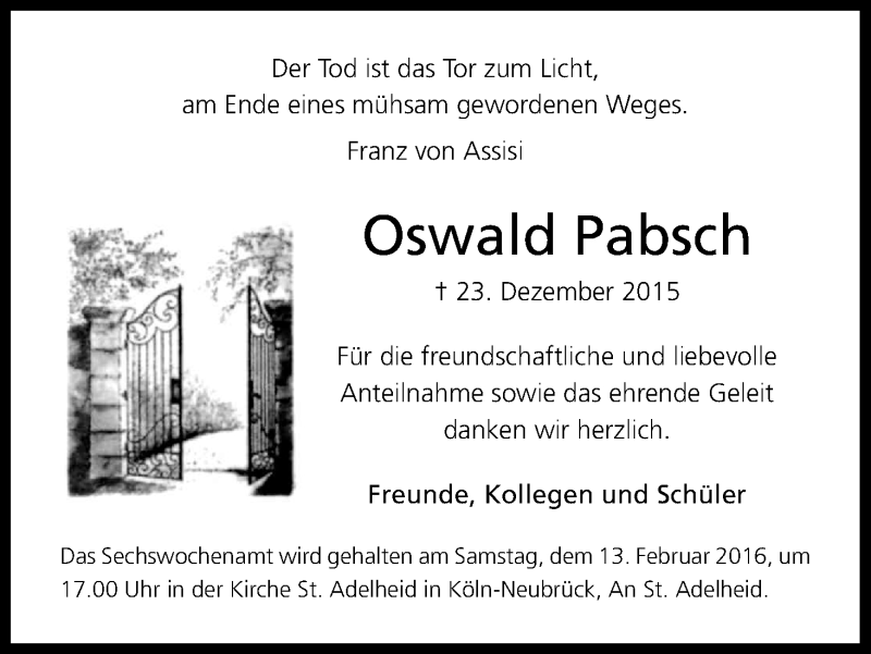  Traueranzeige für Oswald Pabsch vom 06.02.2016 aus Kölner Stadt-Anzeiger / Kölnische Rundschau / Express