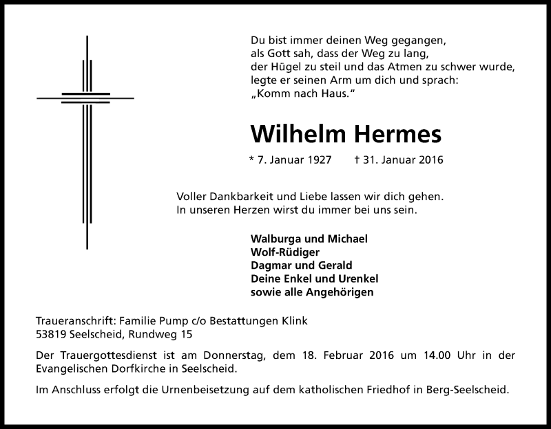  Traueranzeige für Wilhelm Hermes vom 13.02.2016 aus Kölner Stadt-Anzeiger / Kölnische Rundschau / Express
