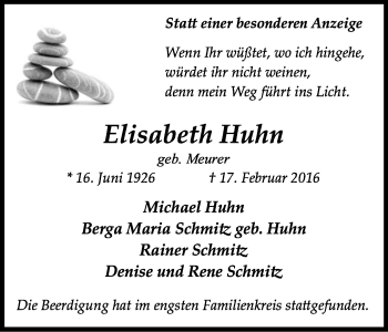 Anzeige von Elisabeth Huhn von Kölner Stadt-Anzeiger / Kölnische Rundschau / Express