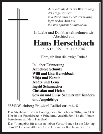 Anzeige von Hans Herschbach von  Schaufenster/Blickpunkt am Wochenende 