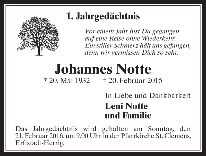  Traueranzeige für Johannes Notte vom 17.02.2016 aus  Werbepost 