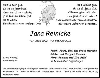 Anzeige von Jana Reinicke von Kölner Stadt-Anzeiger / Kölnische Rundschau / Express