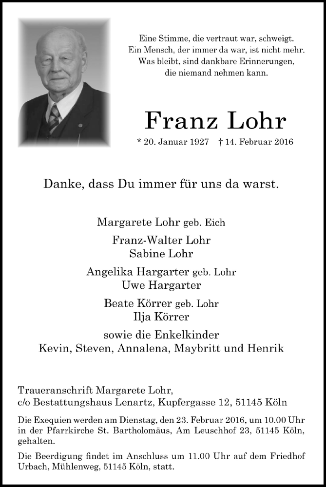 Traueranzeige für Franz Lohr vom 20.02.2016 aus 