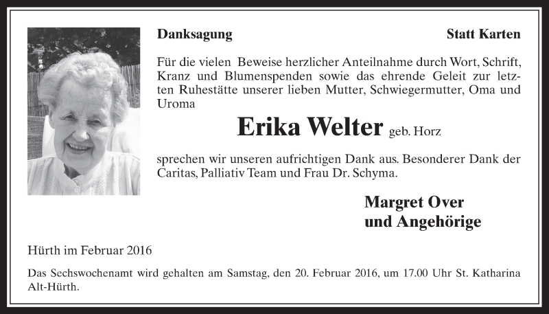  Traueranzeige für Erika Welter vom 10.02.2016 aus  Wochenende 