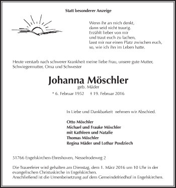 Anzeige von Johanna Möschler von  Anzeigen Echo 