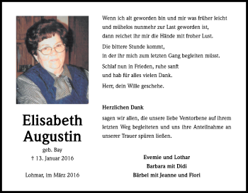 Anzeige von Elisabeth Augustin von Kölner Stadt-Anzeiger / Kölnische Rundschau / Express