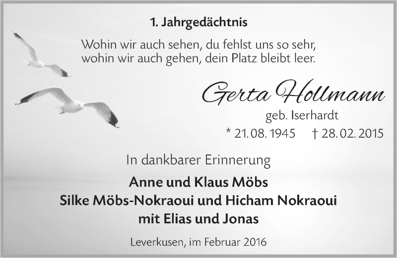  Traueranzeige für Gerta Hollmann vom 24.02.2016 aus  Lokale Informationen 