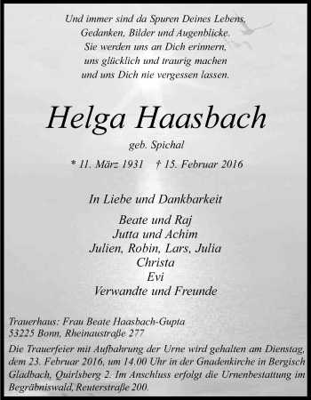 Anzeige von Helga Haasbach von Kölner Stadt-Anzeiger / Kölnische Rundschau / Express