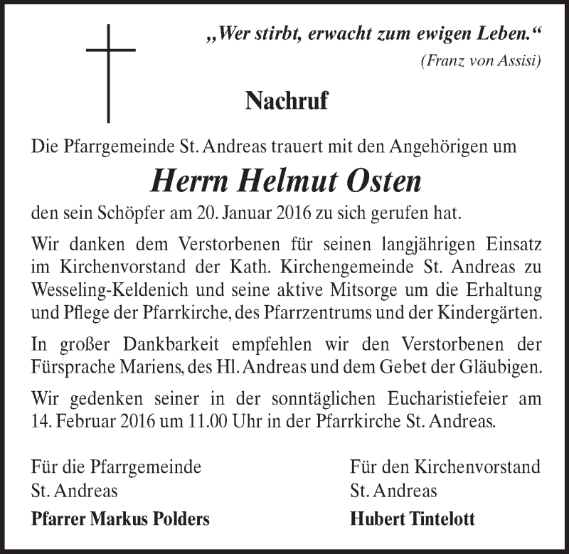  Traueranzeige für Helmut Osten vom 03.02.2016 aus  Schlossbote/Werbekurier 