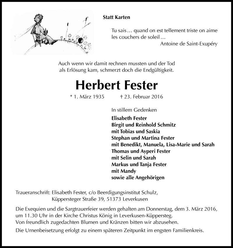  Traueranzeige für Herbert Fester vom 27.02.2016 aus Kölner Stadt-Anzeiger / Kölnische Rundschau / Express