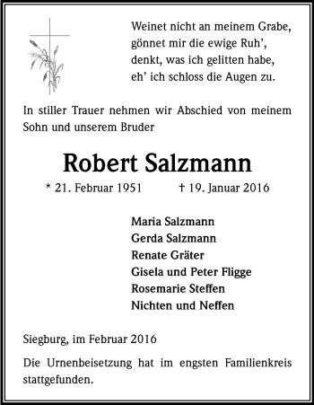 Anzeige von Robert Salzmann von Kölner Stadt-Anzeiger / Kölnische Rundschau / Express