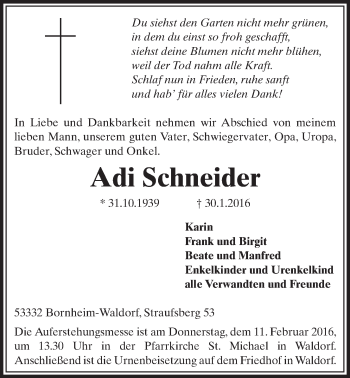 Anzeige von Adi Schneider von  Schaufenster/Blickpunkt  Schlossbote/Werbekurier 