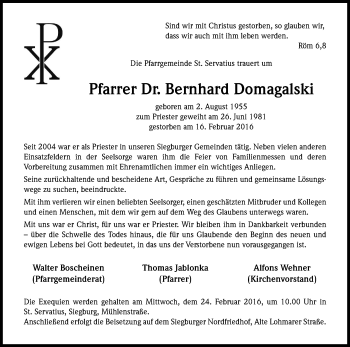 Anzeige von Bernhard Domagalski von Kölner Stadt-Anzeiger / Kölnische Rundschau / Express
