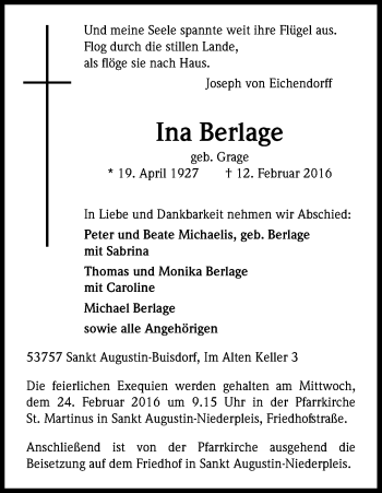Anzeige von Ina Berlage von Kölner Stadt-Anzeiger / Kölnische Rundschau / Express