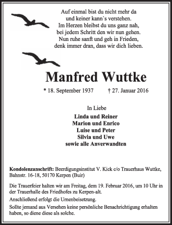 Anzeige von Manfred Wuttke von  Sonntags-Post 