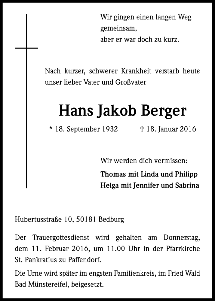  Traueranzeige für Hans Jakob Berger vom 06.02.2016 aus Kölner Stadt-Anzeiger / Kölnische Rundschau / Express
