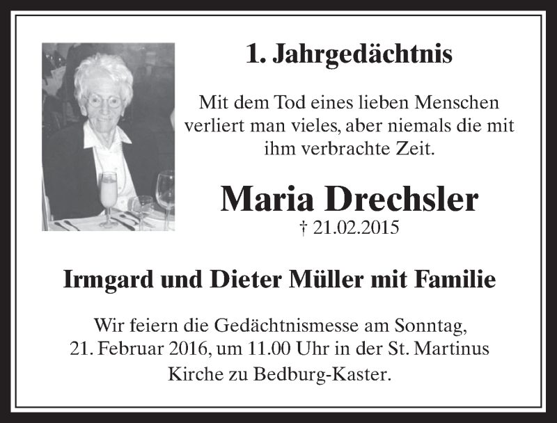  Traueranzeige für Maria Drechsler vom 20.02.2016 aus  Sonntags-Post 