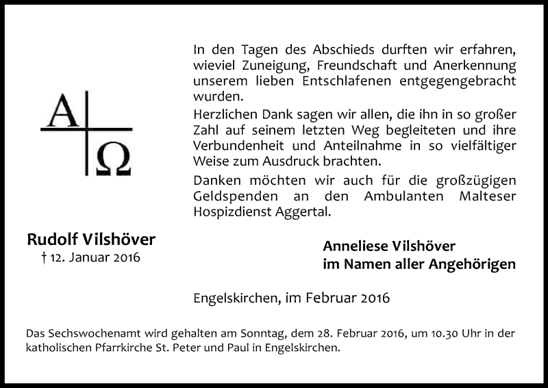  Traueranzeige für Rudolf Vilshöver vom 20.02.2016 aus Kölner Stadt-Anzeiger / Kölnische Rundschau / Express