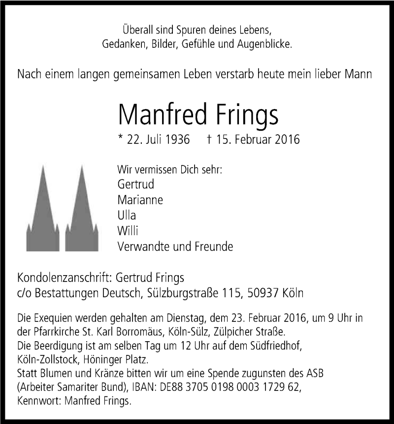  Traueranzeige für Manfred Frings vom 20.02.2016 aus Kölner Stadt-Anzeiger / Kölnische Rundschau / Express