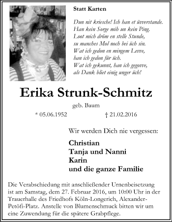 Anzeige von Erika Strunk-Schmitz von Kölner Stadt-Anzeiger / Kölnische Rundschau / Express