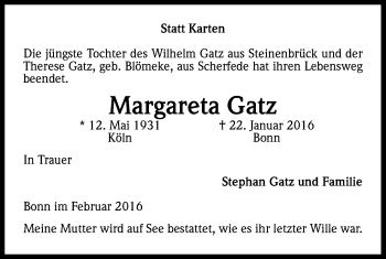Anzeige von Margareta Gatz von Kölner Stadt-Anzeiger / Kölnische Rundschau / Express