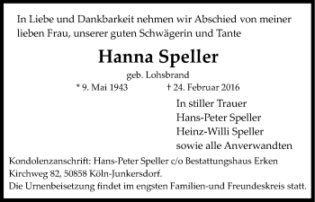 Anzeige von Hanna Speller von Kölner Stadt-Anzeiger / Kölnische Rundschau / Express