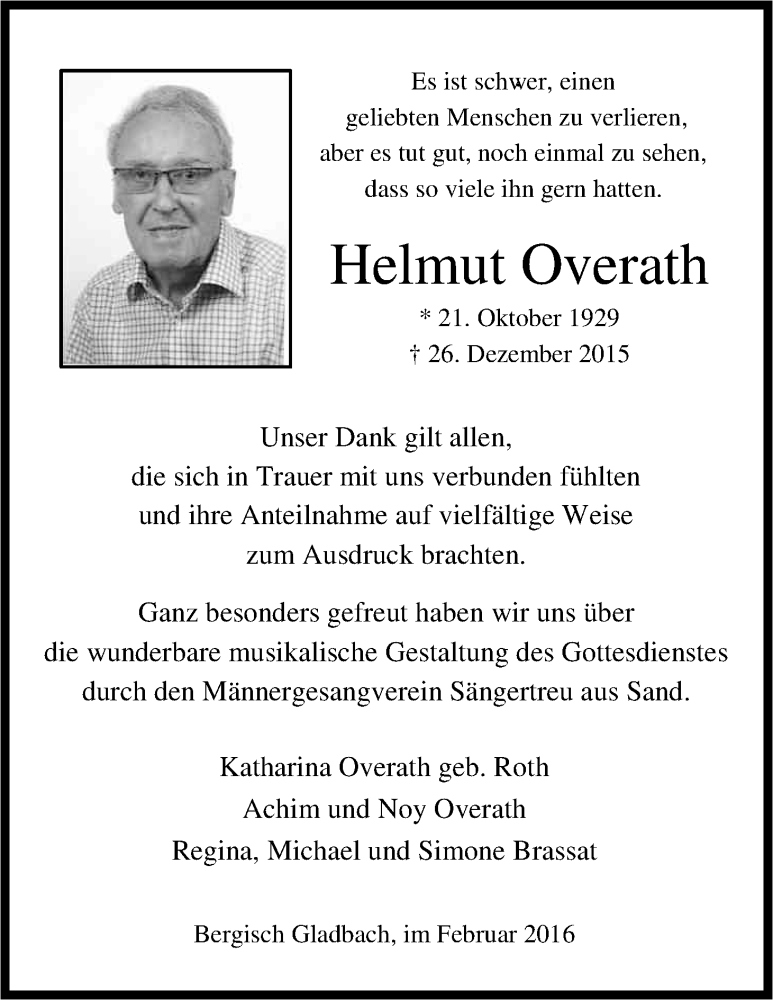  Traueranzeige für Helmut Overath vom 13.02.2016 aus Kölner Stadt-Anzeiger / Kölnische Rundschau / Express