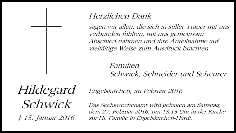  Traueranzeige für Hildegard Schwick vom 20.02.2016 aus Kölner Stadt-Anzeiger / Kölnische Rundschau / Express