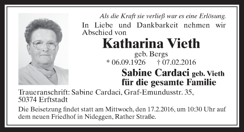  Traueranzeige für Katharina Vieth vom 13.02.2016 aus  Sonntags-Post 
