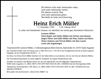Anzeige von Heinz Erich Müller von Kölner Stadt-Anzeiger / Kölnische Rundschau / Express
