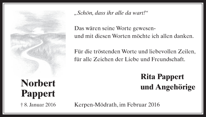  Traueranzeige für Norbert Pappert vom 17.02.2016 aus  Werbepost 