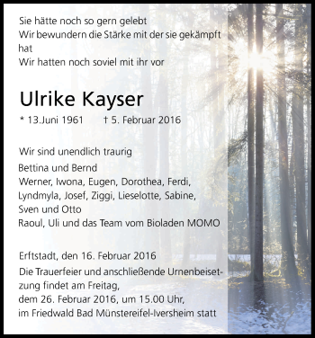 Anzeige von Ulrike Kayser von Kölner Stadt-Anzeiger / Kölnische Rundschau / Express
