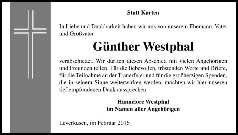  Traueranzeige für Günther Westphal vom 13.02.2016 aus Kölner Stadt-Anzeiger / Kölnische Rundschau / Express