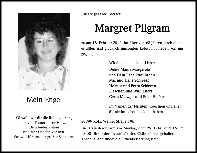  Traueranzeige für Margret Pilgram vom 24.02.2016 aus Kölner Stadt-Anzeiger / Kölnische Rundschau / Express