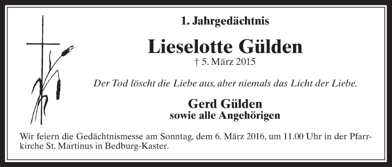  Traueranzeige für Lieselotte Gülden vom 24.02.2016 aus  Werbepost 