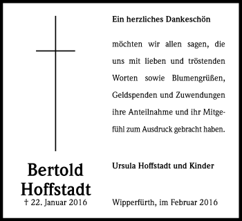 Anzeige von Berthold Hoffstadt von Kölner Stadt-Anzeiger / Kölnische Rundschau / Express