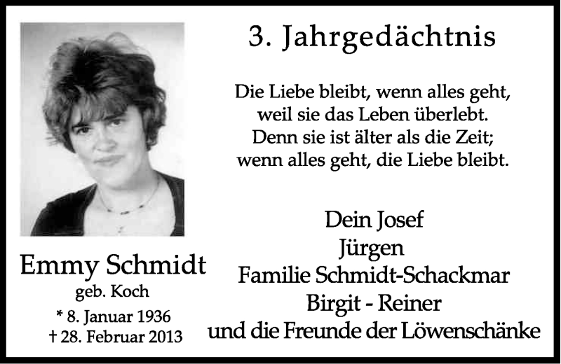  Traueranzeige für Emmy Schmidt vom 27.02.2016 aus Kölner Stadt-Anzeiger / Kölnische Rundschau / Express
