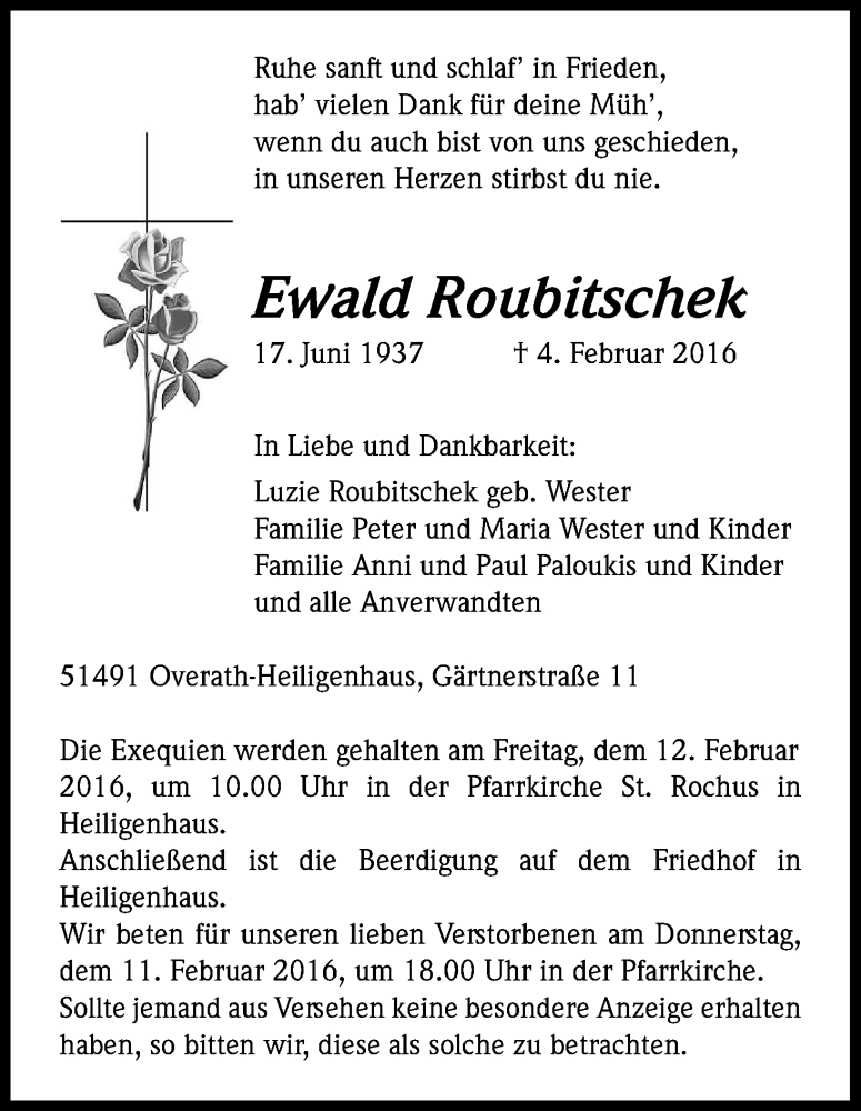  Traueranzeige für Ewald Roubitschek vom 08.02.2016 aus Kölner Stadt-Anzeiger / Kölnische Rundschau / Express
