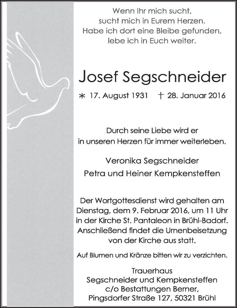  Traueranzeige für Josef Segschneider vom 03.02.2016 aus  Schlossbote/Werbekurier 