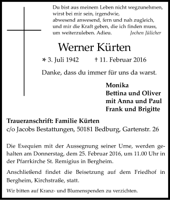 Anzeige von Werner Kürten von Kölner Stadt-Anzeiger / Kölnische Rundschau / Express