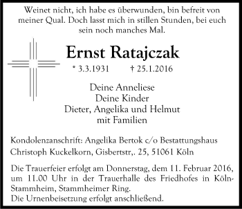 Anzeige von Ernst Ratajczak von Kölner Stadt-Anzeiger / Kölnische Rundschau / Express