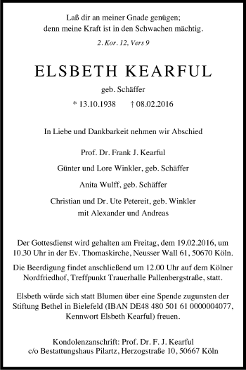 Anzeige von Elsbeth Kearful von Kölner Stadt-Anzeiger / Kölnische Rundschau / Express