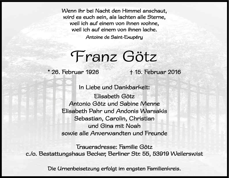 Traueranzeige für Franz Götz vom 20.02.2016 aus Kölner Stadt-Anzeiger / Kölnische Rundschau / Express